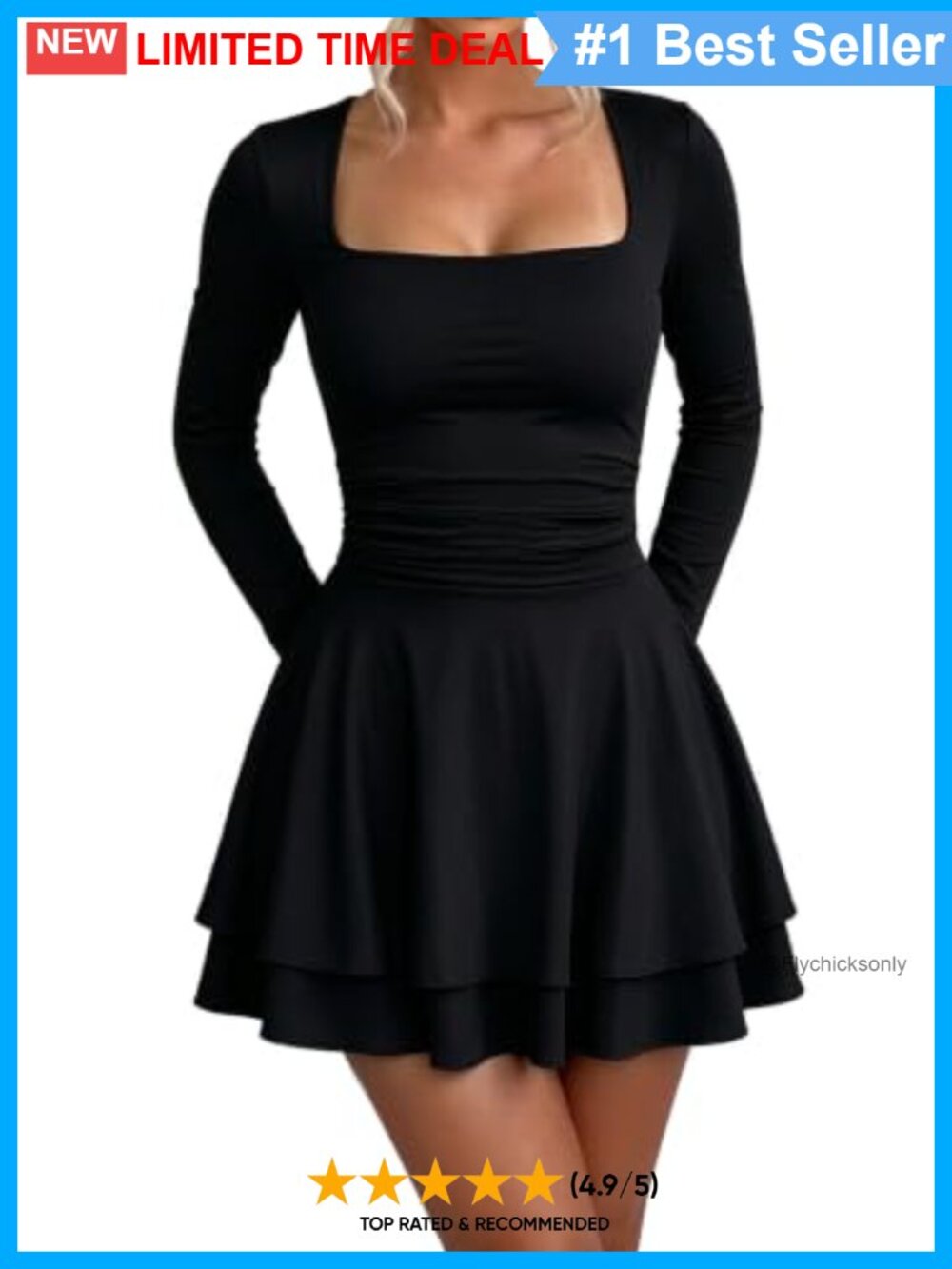 A-Line Tiered Ruffle Hem Bodycon Party Mini Dress Square Neck Long Sleeve